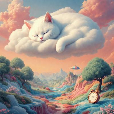 The primary subject of the image is a white cat sleeping in a cloud. The cat is positioned in the middle of the scene, with the cloud surrounding it. The setting is a colorful landscape, featuring a river and a clock. The visual style is a combination of digital art and illustration, creating a whimsical and imaginative scene. The dominant colors are pink, blue, and white, giving the image a cheerful and playful atmosphere.
